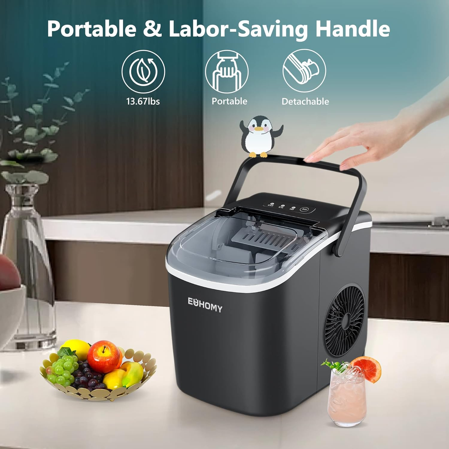 Countertop Ice Maker Machine with Handle(26lbs in 24H)